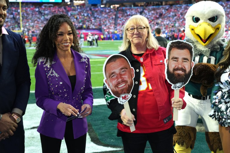 Donna Kelce finds each of her sons on the field after the Super Bowl [VIDEO]