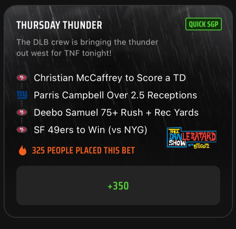 NFL SGP Best Bets Today: The Dan Le Batard Show TNF Same Game Parlay Picks for 49ers vs. Giants on DraftKings Sportsbook