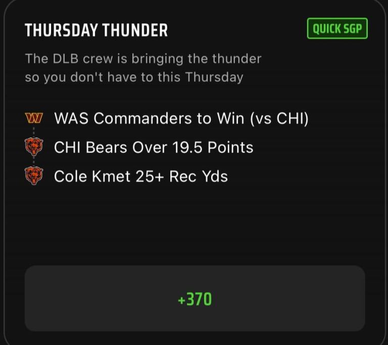 NFL SGP Best Bets Today: The Dan Le Batard Show TNF Same Game Parlay Picks for Bears vs. Commanders on DraftKings Sportsbook