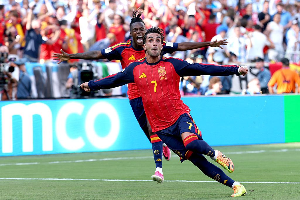 EAST RUTHERFORD, NEW JERSEY - JULY 19: Ferran Torres #7 of Spain celebrates scoring his team's first goal during the FIFA World Cup 2026 Final match between Spain and Argentina at New York New Jersey Stadium on July 19, 2026 in East Rutherford, New Jersey. (Photo by Michael Regan - FIFA/FIFA via Getty Images)