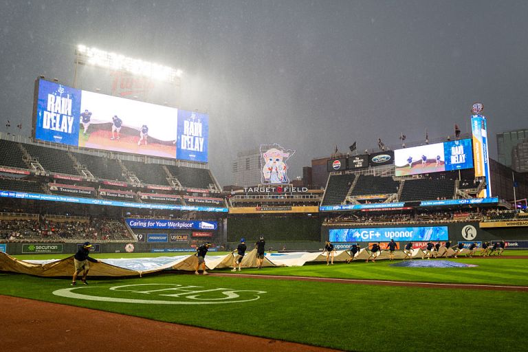 Braves at Twins game delayed due to rain Monday 8/17/26