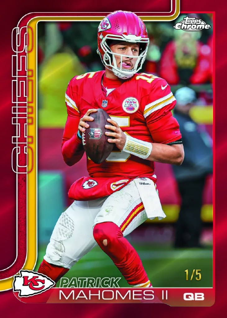 Patrick Mahomes II 2025 Topps Chrome Football red refractor numbered 1 of 5 Kansas City Chiefs quarterback