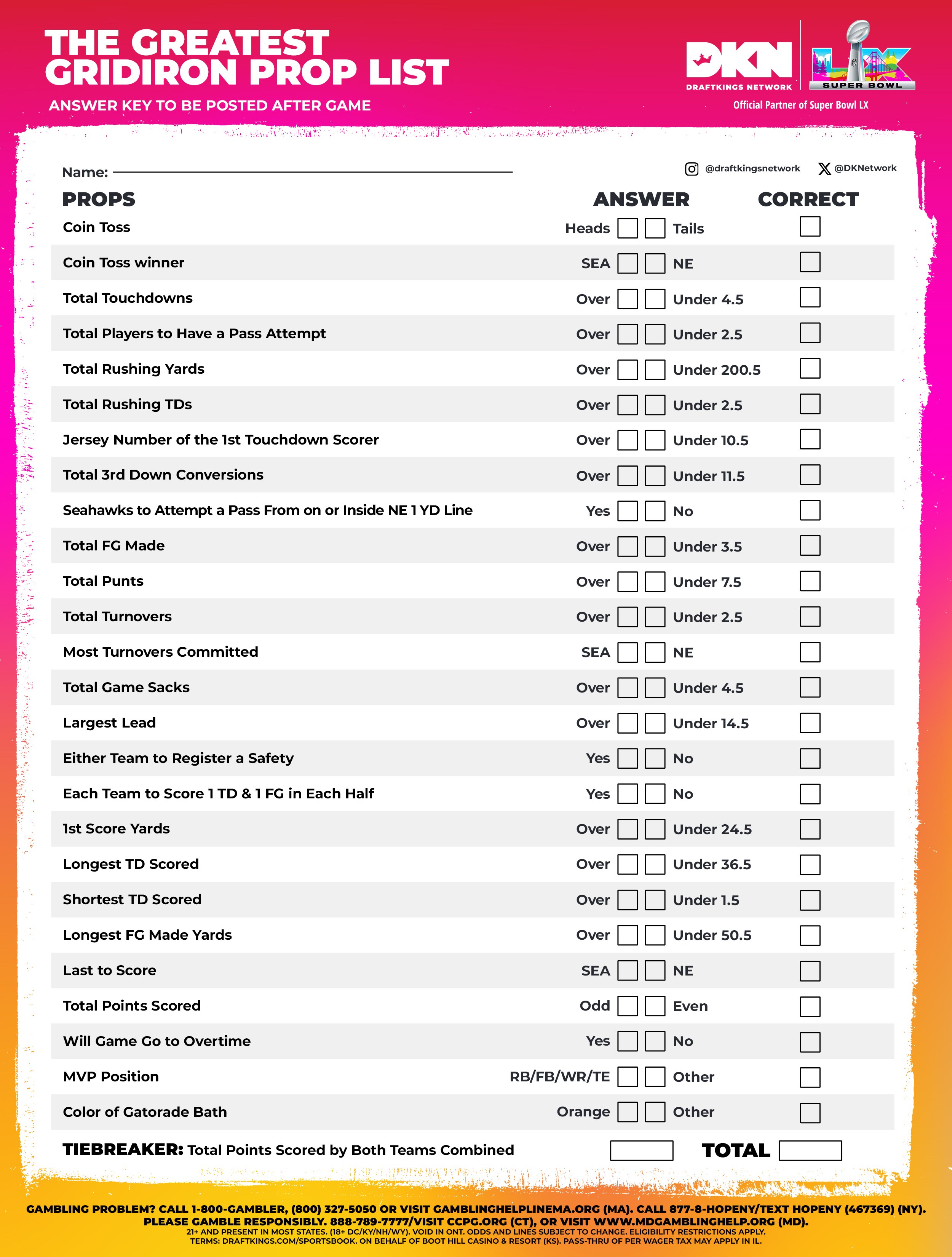 Prop Sheet Examples Printable Super Bowl 60 Prop Sheet on DraftKings Sportsbook