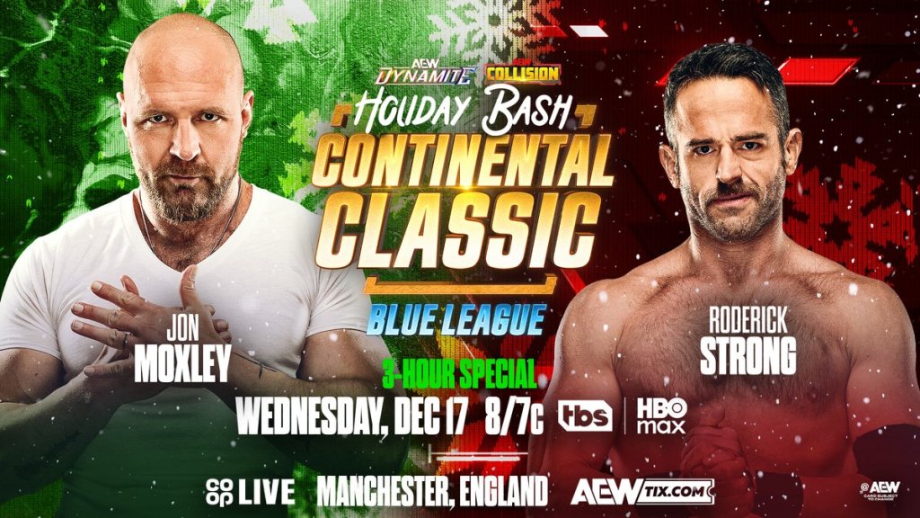 Promotional Poster for AEW Dynamite Holiday Bash featuring the Continential Classic Tournament match between Jon Moxley and Roderick Strong