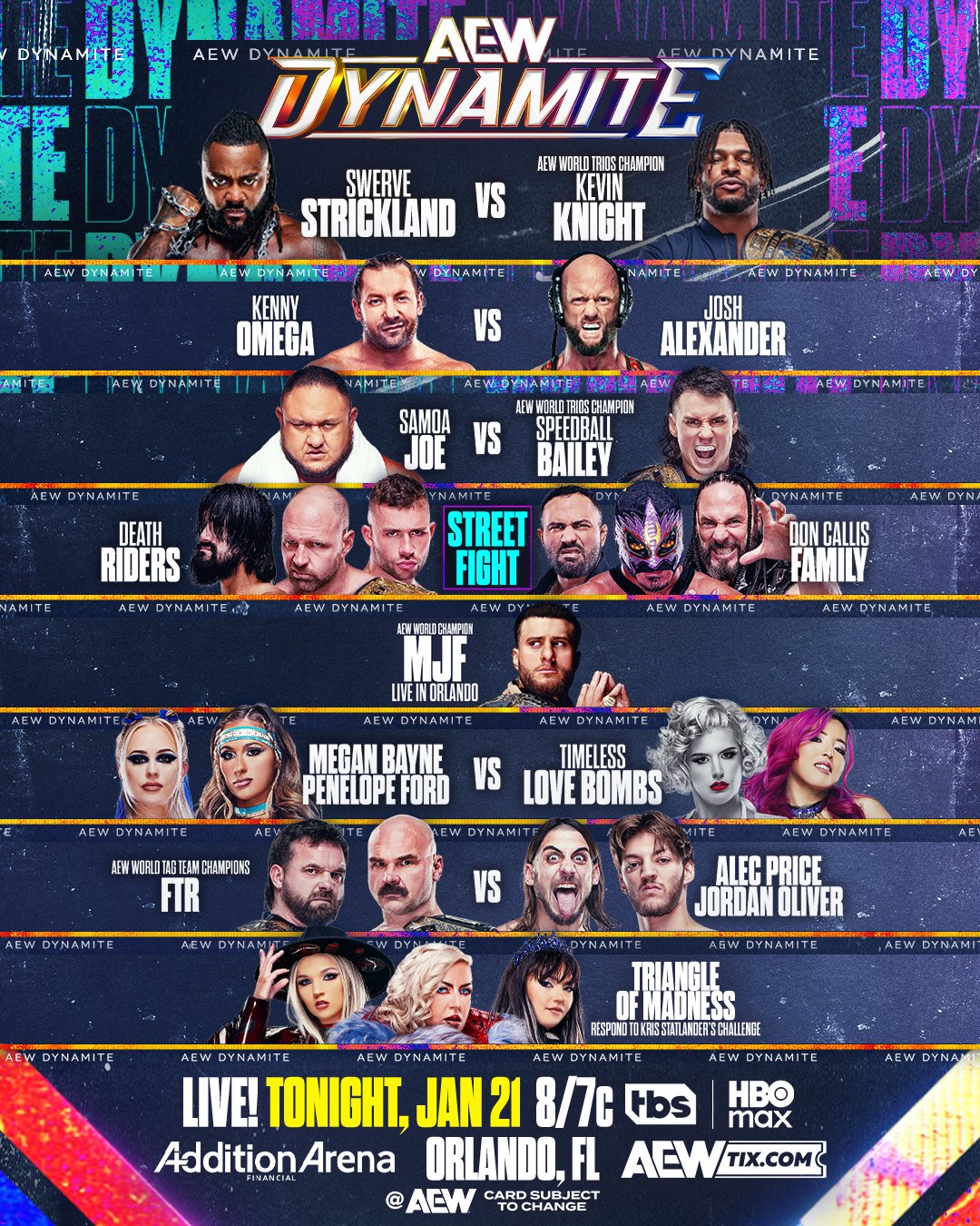 Promotional poster for AEW Dynamite for January 21, 2026 featuring Death Riders, MJF,FTR, Alec Price, Swerve Strickland