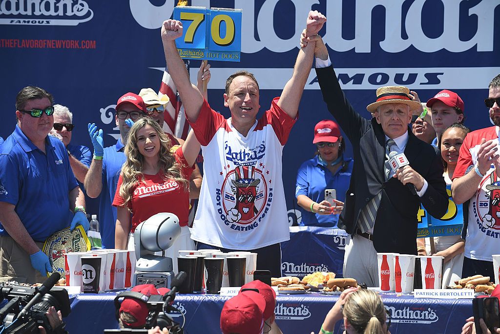 What is the record for most hot dogs eaten at the Nathan’s Hot Dog Eating Contest?