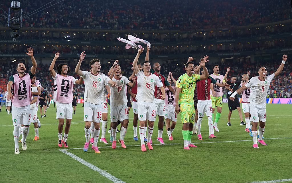 Players of Morocco gesture to the audience after winning the round of 32 match between the Netherlands and Morocco at the 2026 FIFA World Cup at Estadio Monterrey in Monterrey, Mexico, on June 29, 2026. (Photo by Martin Zabala/Xinhua via Getty Images)