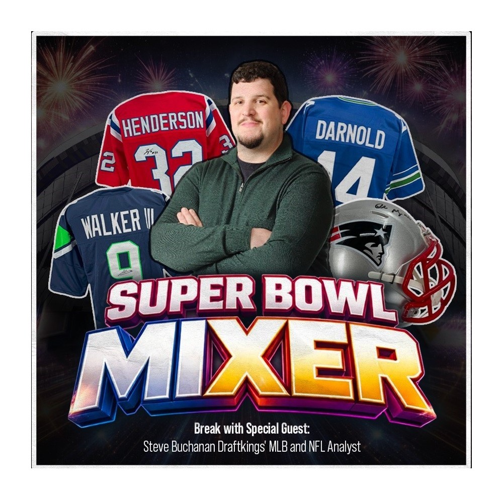 Super Bowl Mixer football card break promotional image with NFL memorabilia and themed background.