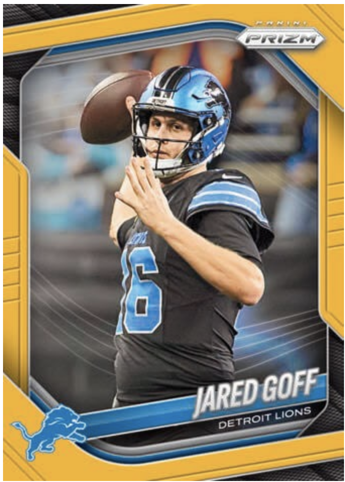 Detroit Lions quarterback throwing a football on a 2025 Panini Prizm card design