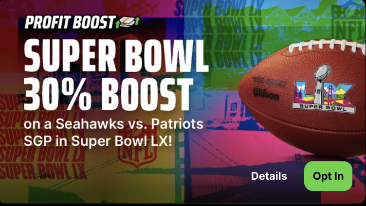 DraftKings Same Game Parlay 30% boost promotion for Super Bowl LX