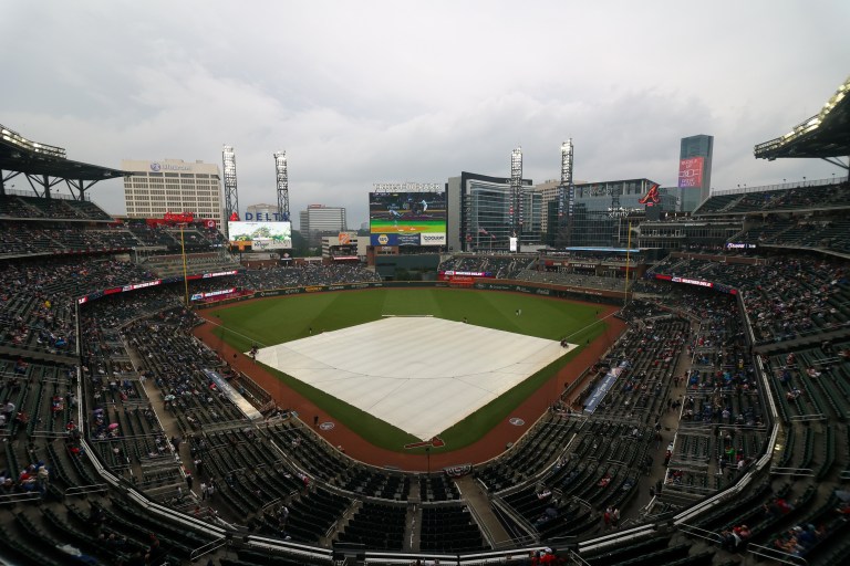 Phillies at Braves game delayed due to rain Saturday 4/25/26