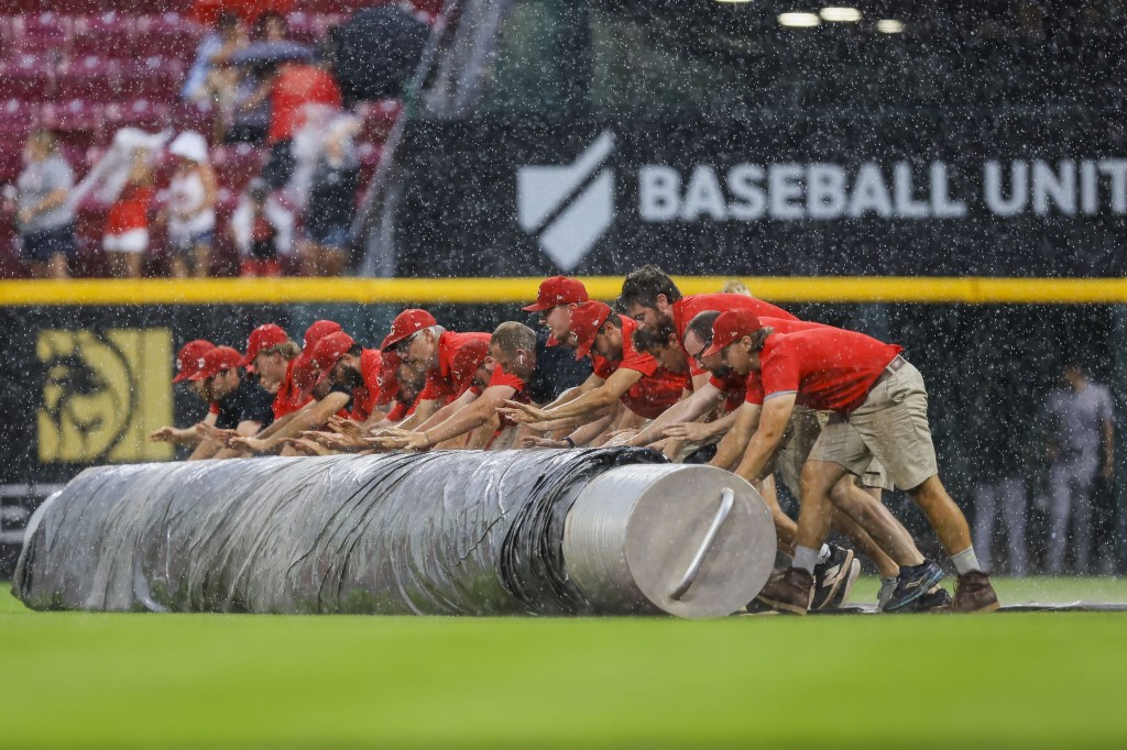 Marlins at Reds game delayed due to rain Monday 7/7/25