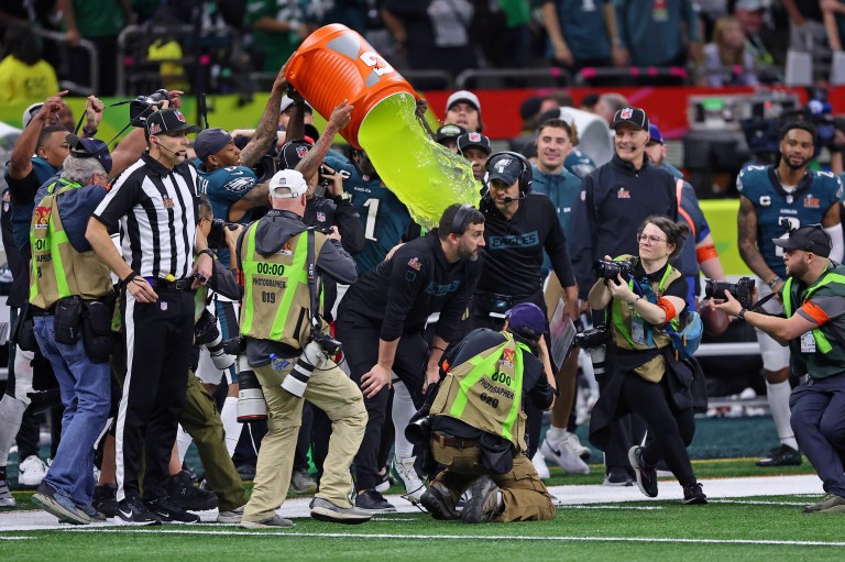 Eagles HC Nick Sirianni takes Yellow/Green Gatorade shower after winning Super Bowl 2025